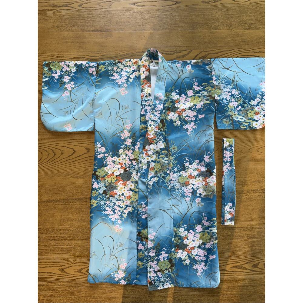 Vintage Tokyo Kimono Robe Floral Blue Japanese Dressing Gown Belted Sz M 40L